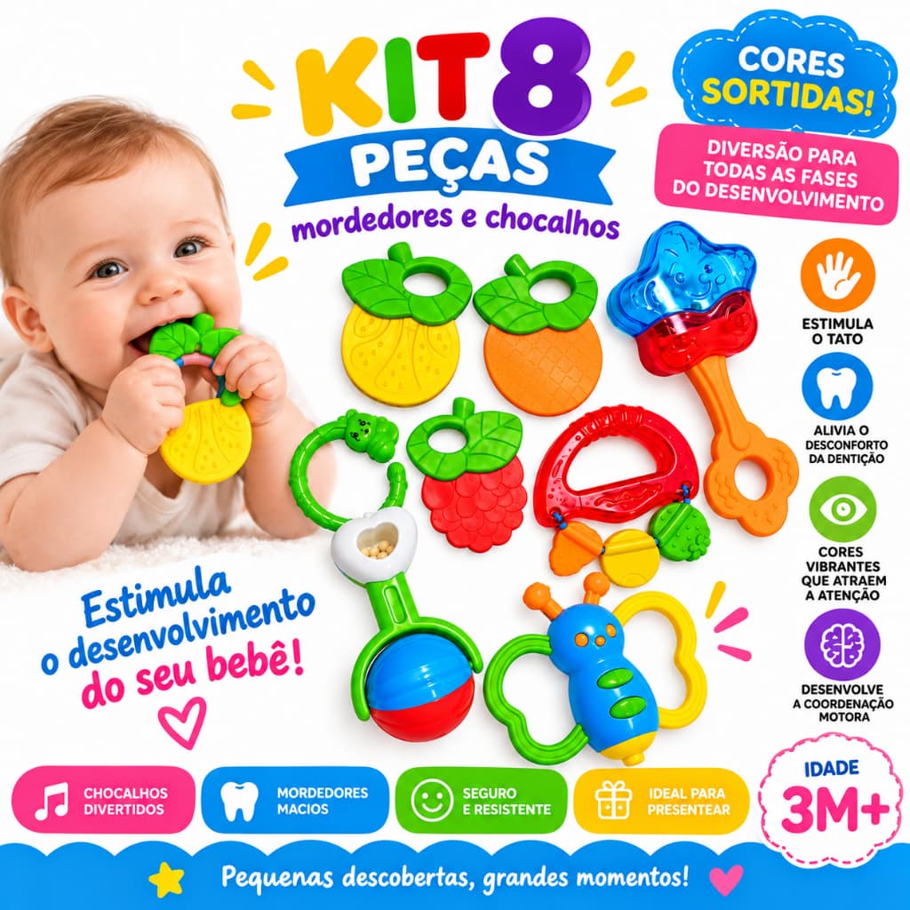 Kit 3 a 8 Mordedor para Bebê brinquedo Sensorial Silicone com Chocalho Peças Coloridas