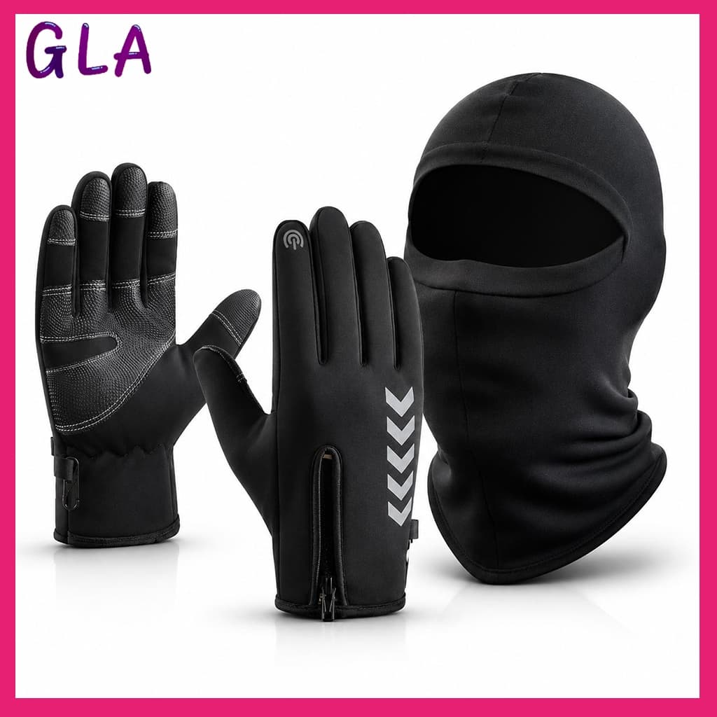 Kit Luva Térmica Inverno + Balaclava Touca Facial Luva Touch Screen Forrada Fleece Refletiva Moto Ciclismo