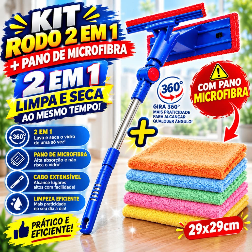 KIT Rodo Limpa Vidro e Janela Mágico 2 em 1 + Pano Microfibra Limpeza 29x29cm Absorvente Multiuso
