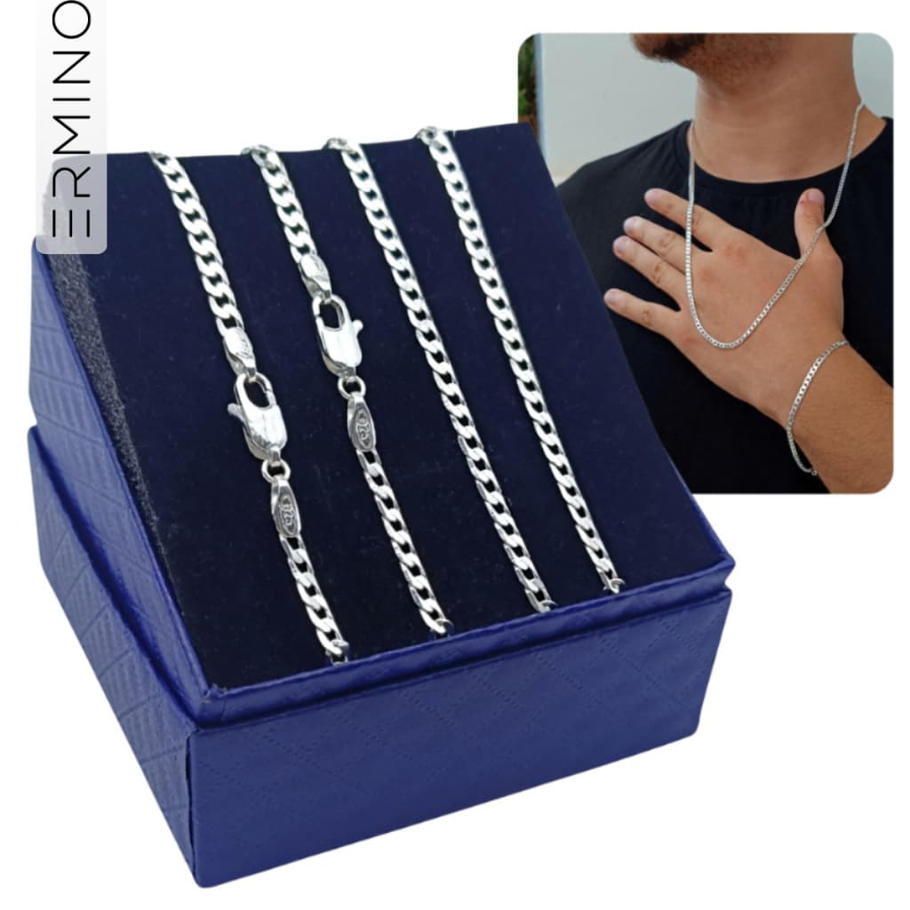 Conjunto Pulseira + Corrente Prata 925 Legítima 3mm Fininha Presente Masculino Italiana