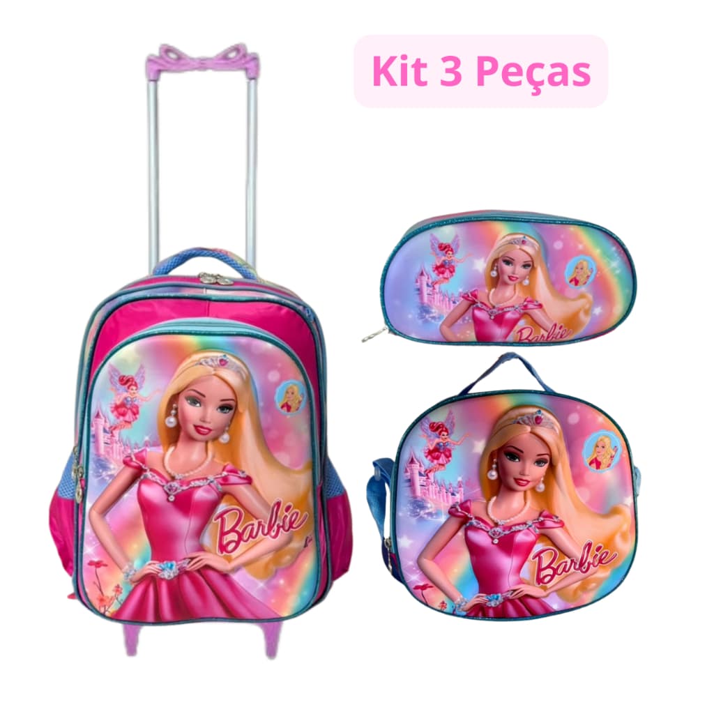 Kit Mochila Escolar De Rodinhas Barbie 3D Com Lancheira Térmica E Estojo