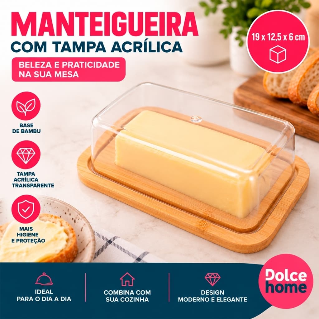 Porta Manteigueira com Base em Bambu e Tampa Transparente