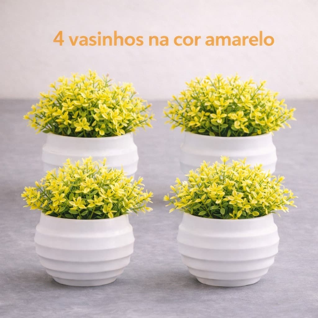 Kit 4 Mini Plantas Cor Amarelo Decorativas Artificial com Vaso Branco Flores Vasinho Realistas