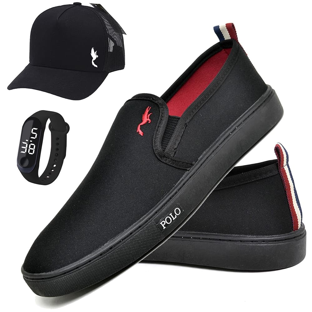 Sapatênis Masculino Slip On Estiloso Casual em Lona + Boné + Relógio Digital do 37 ao 46