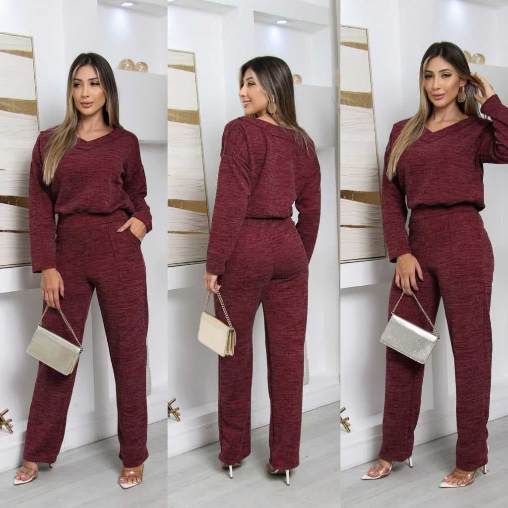 Conjunto Feminino Manga Longa Moda Inverno Com Calça Em Malha Lanzinha Ribi Com Bolso e Elastico Na Cintura