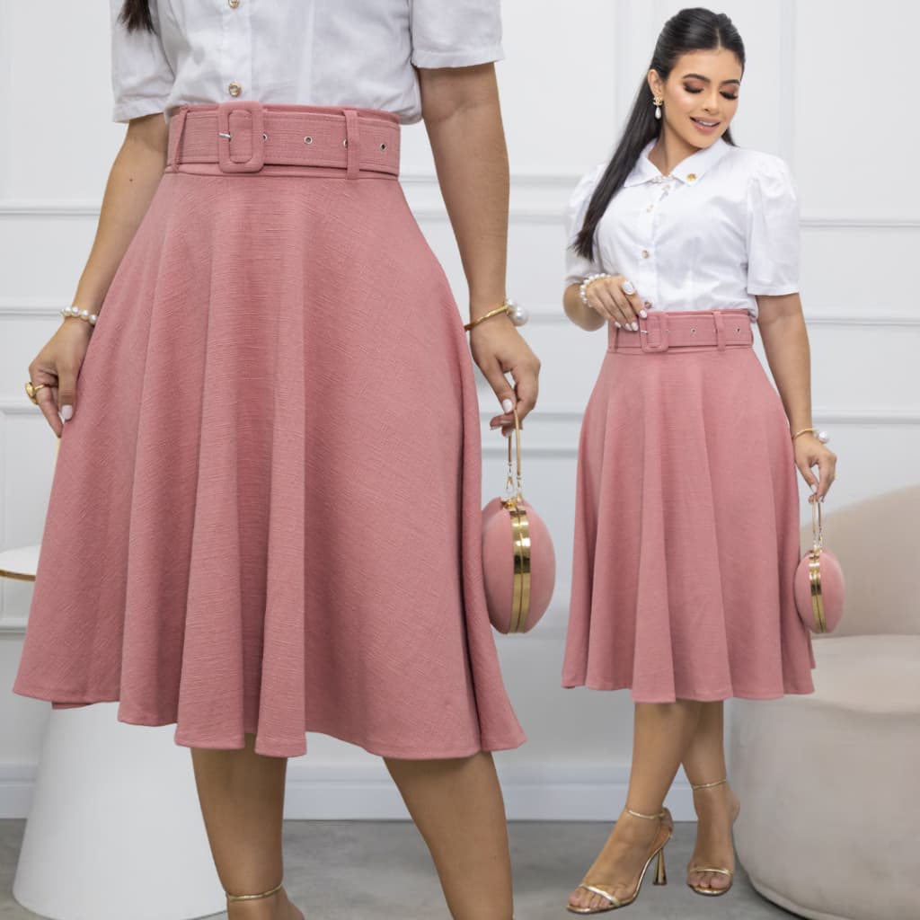 Saia Midi Laveli Comportada Rodada Godê Moda Cristã