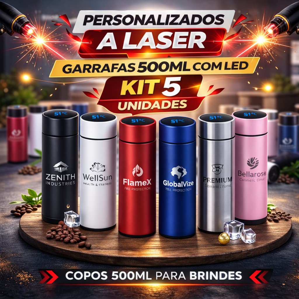 Kit 5 Garrafas Térmicas Digitais 500ml Inox com Display LED – Personalizadas