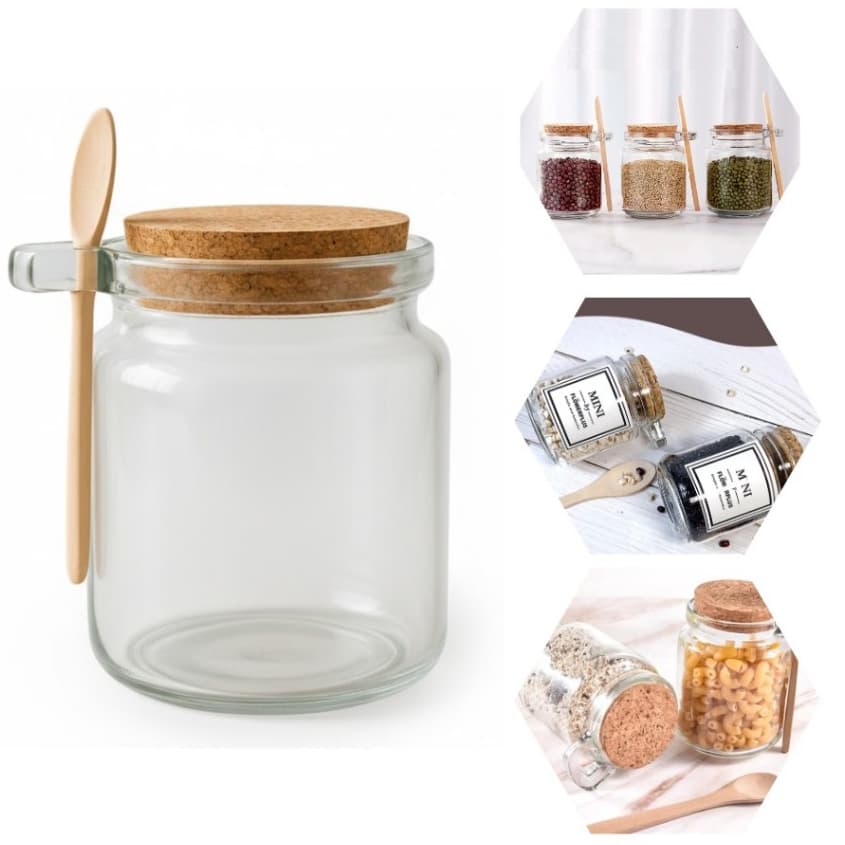KIT 6 Potes Com Colher De Bambu Vidro 220ML Vedação Cortiça Porta Temperos Sal Açúcar Mel Resistente