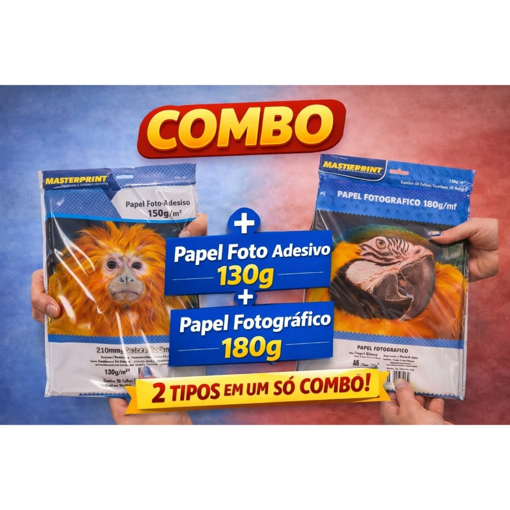 COMBO Papel Fotográfico A4 180g Glossy + Papel Foto Adesivo A4 130g Masterprint 50 Folhas Cada (100 Folhas) Impressão Co