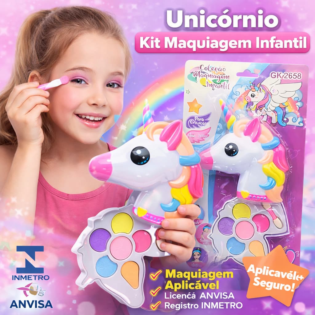 Maquiagem Infantil Unicórnio Aplicável 6 Cores INMETRO ANVISA Estojo Para Meninas e Bonecas