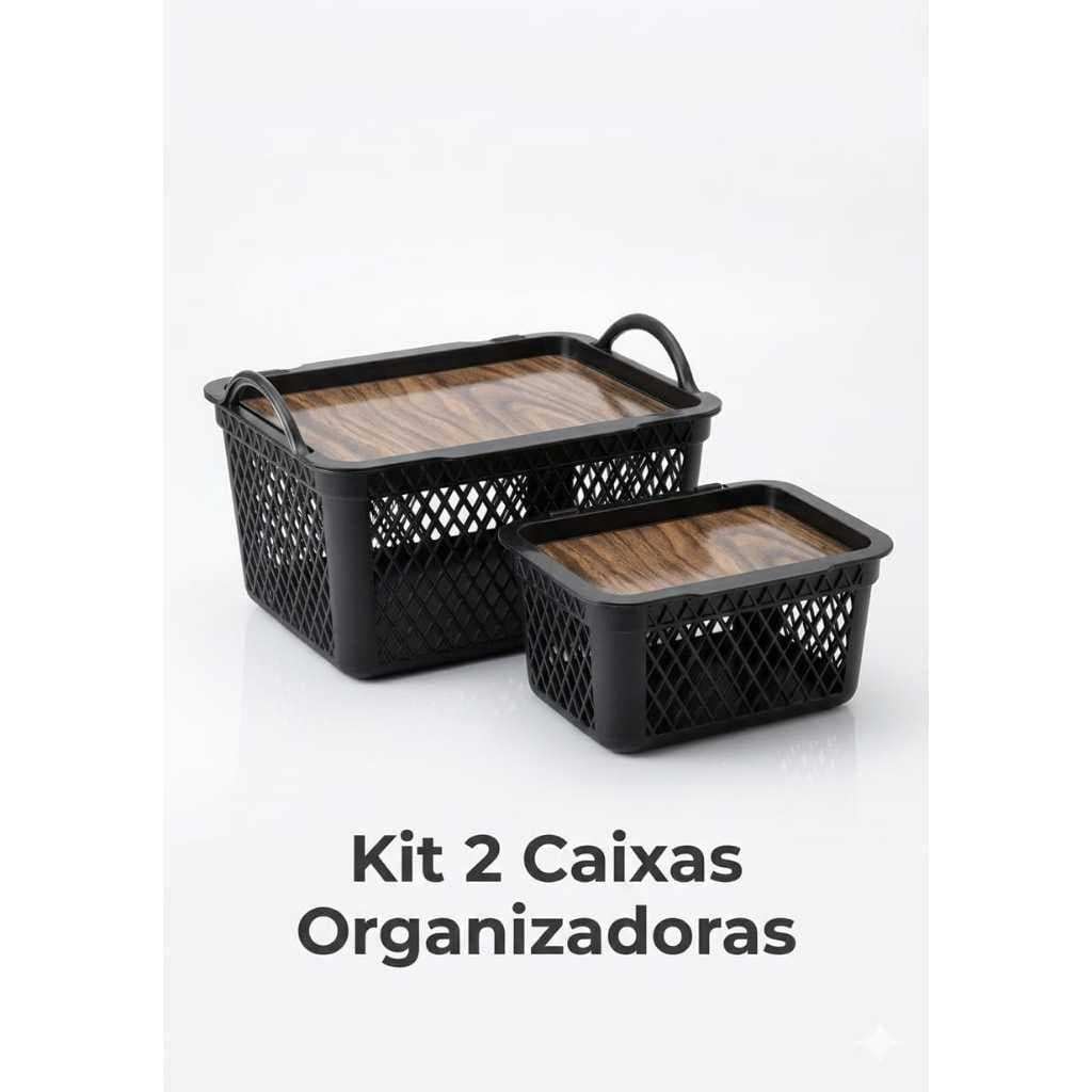 Kit Caixas Organizadoras Cestos Telado com Tampa Label Madeira 2,5L e 8L Multiuso