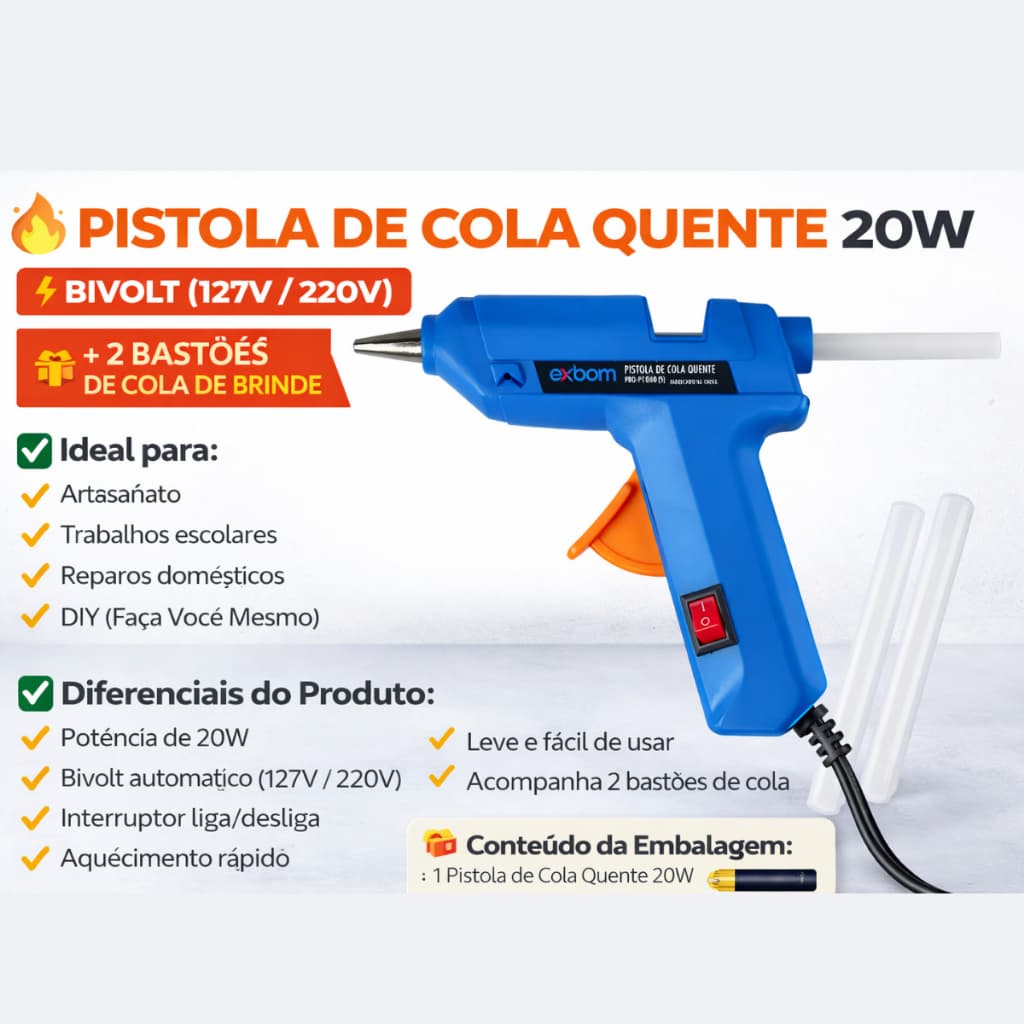 Pistola de Cola Quente 20w + 2 Bastões de Cola Quente Profissional (110v e 220v)