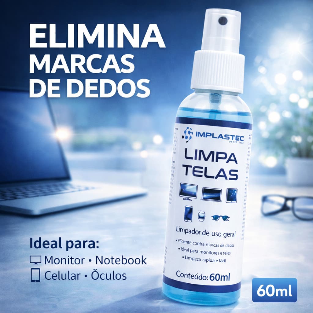 Limpa Tela 60ml Spray Implastec - Limpa e Remove manchas Celulares, computadores, notebooks, óculos