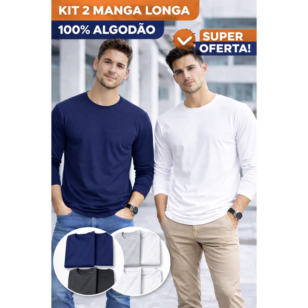 Kit 2 Camisetas Manga Longa Masculina 100% Algodão Premium