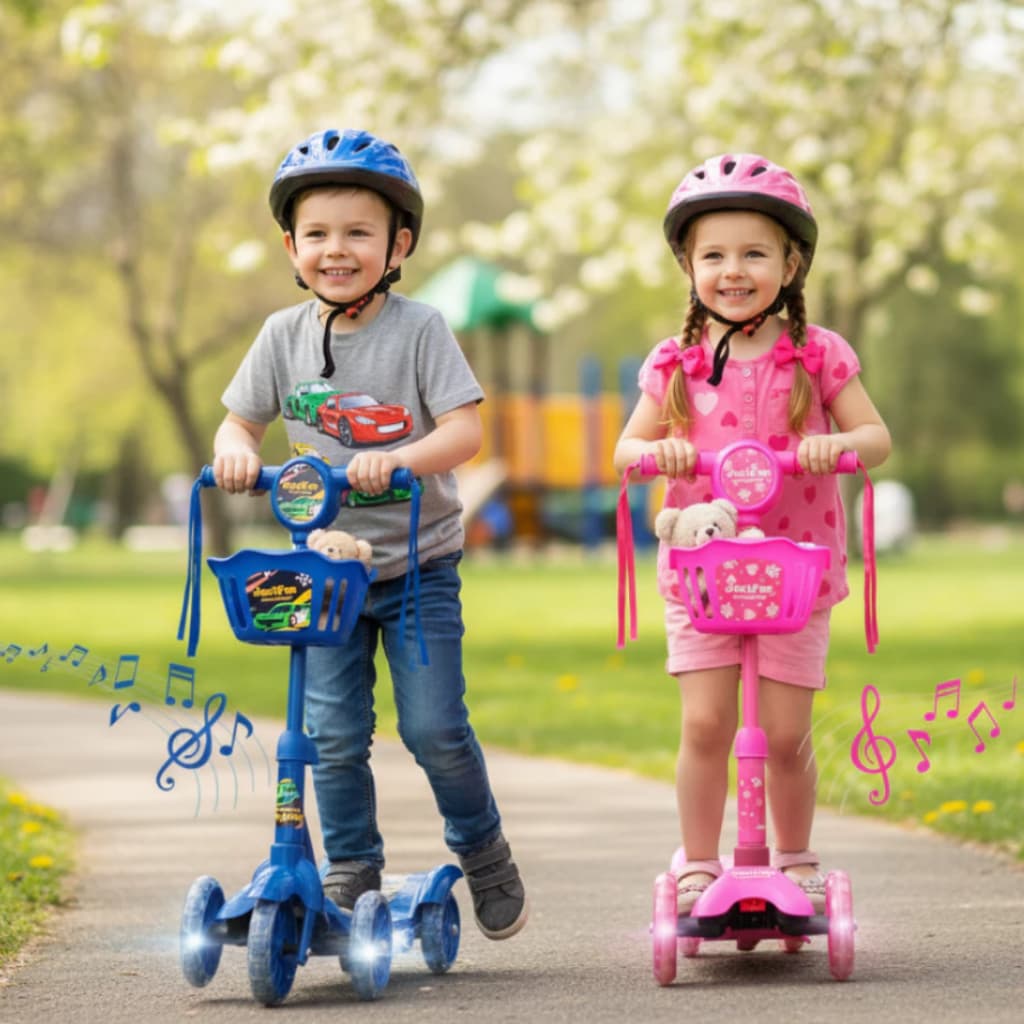 Patinete 3 Rodas Infantil Azul ou Rosa Dobrável com LED, Brilho, Luz e Música, Cestinha e Freio