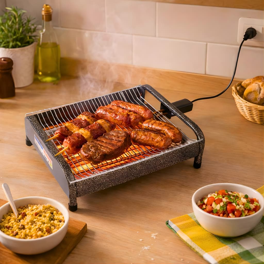 *SUPER OFERTA* Churrasqueira Elétrica Sem Fumaça Portátil 110v ou 220v 39cm Aço Inox Reforçada