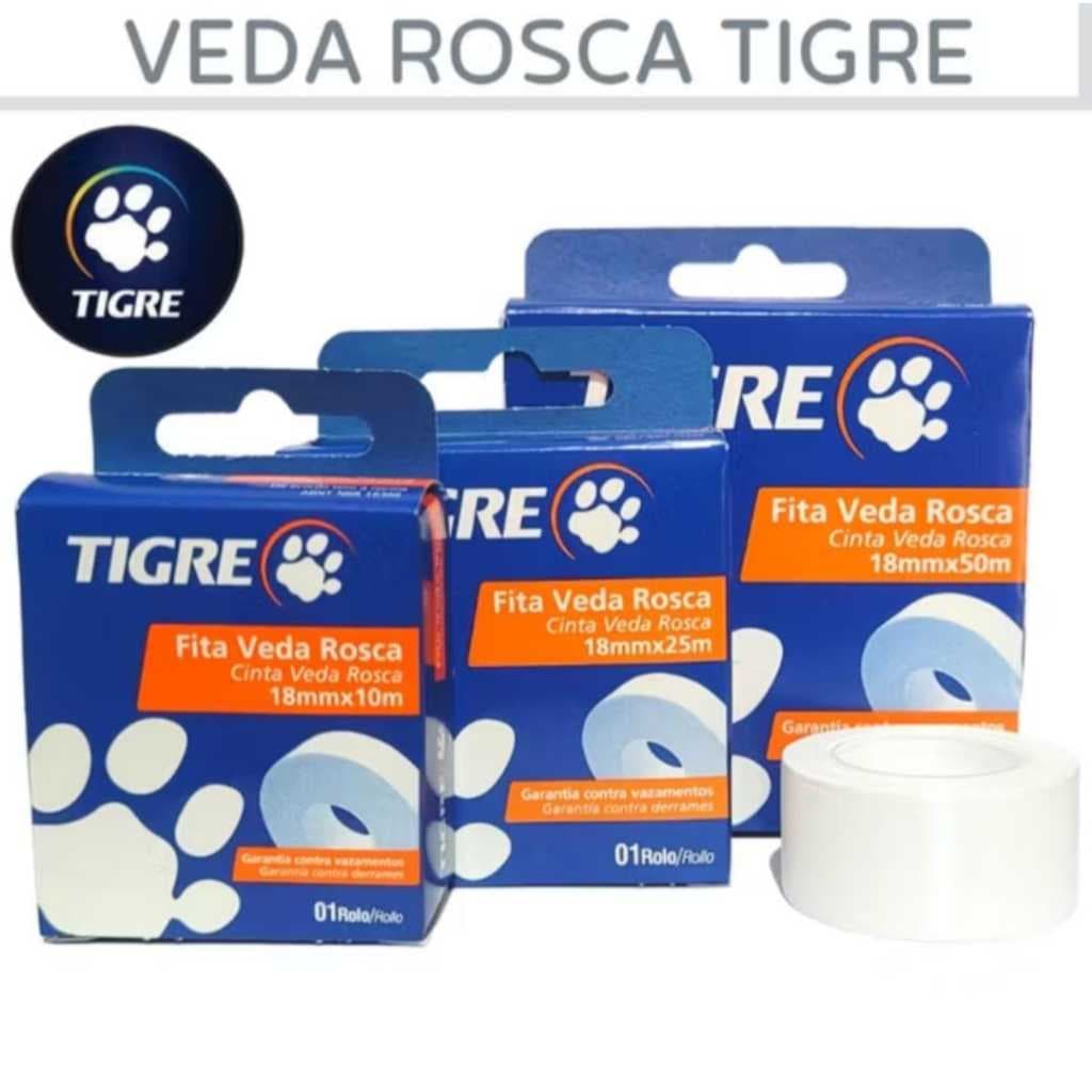 Fita Veda Rosca Teflon 18mm - 10m, 25m e 50 metros Tigre - 1, 2 e 3 Unidades