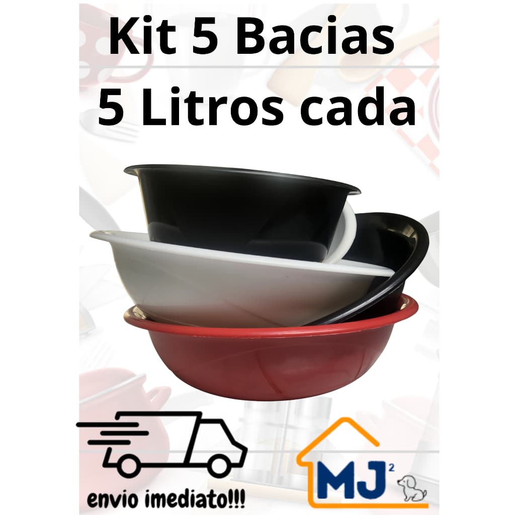 Bacia Saladeira 5L Plástico Reforçado Multiuso | Bowl Grande Massa Salada Kit 5 Unidades