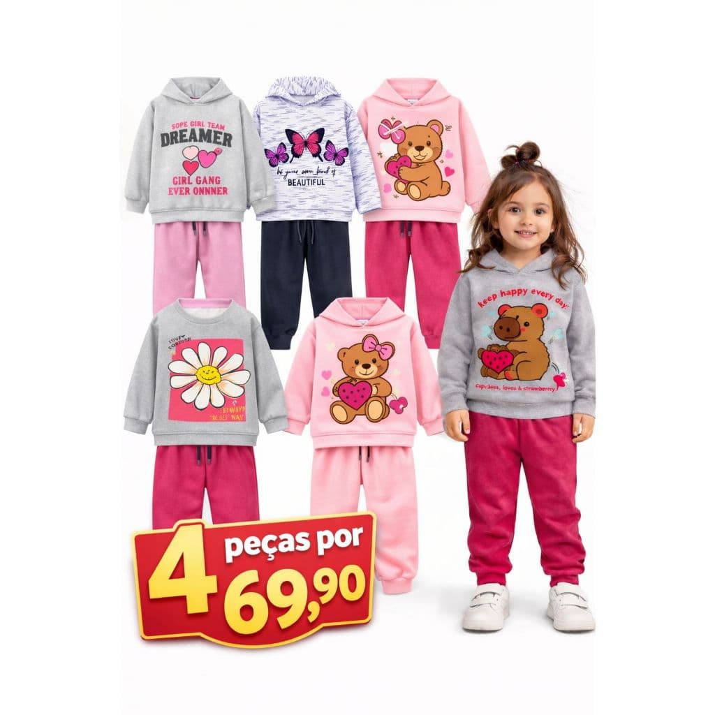 Kit c/ 4 Peças Conjuntos Inverno Menina 01 ao 08 Blusa + Calça Outono Frio Moletom