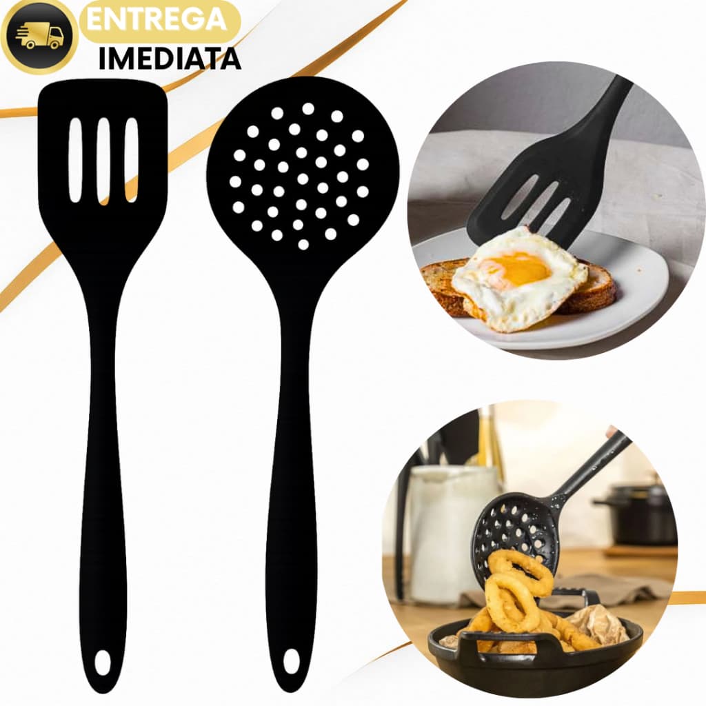 Espátula Vazada Chapeiro e Escumadeira Utensílios de Silicone Frituras Servir Preparar