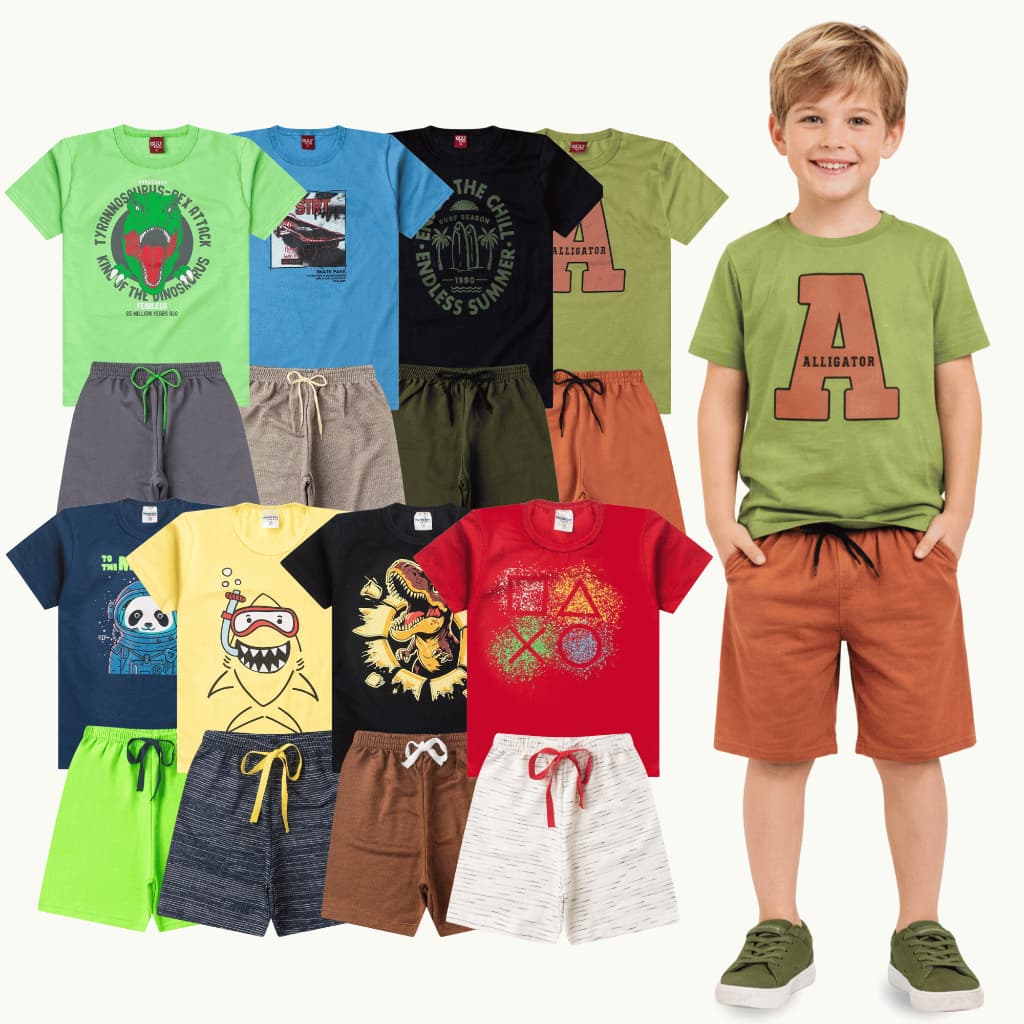 Kit 8 Peças Conjunto Infantil Menino Verão 1 ao 16 - 2 Conjuntos Confortáveis Dia a Dia