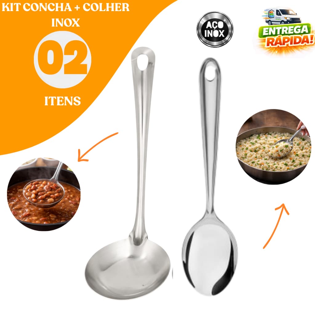 Kit Inox 02/04/06 Concha Feijão + Colher Arroz Cozinha Resistente Multiuso Alta Qualidade Buffet