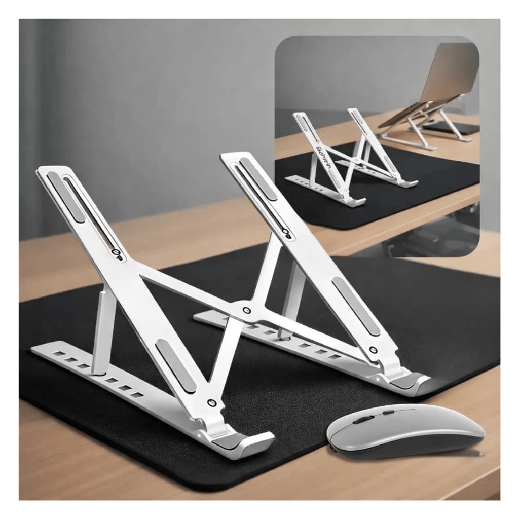 Kit Suporte Notebook + Mouse Recarregável Sem Fio Wireless prata