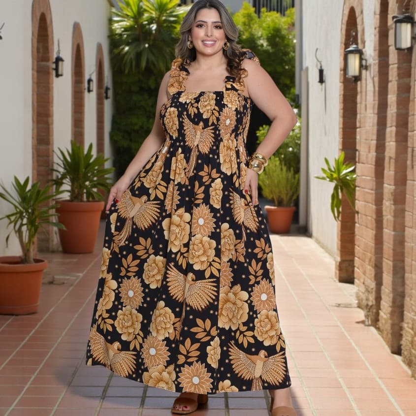 Vestido Longo Feminino Estampado Pássaros Lastex Plus Size Moda Verão