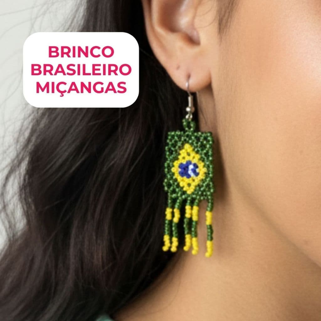 Brinco Miçangas Brasil Bandeira Brasileira Verde Amarelo Feminino Bijuteria Artesanal