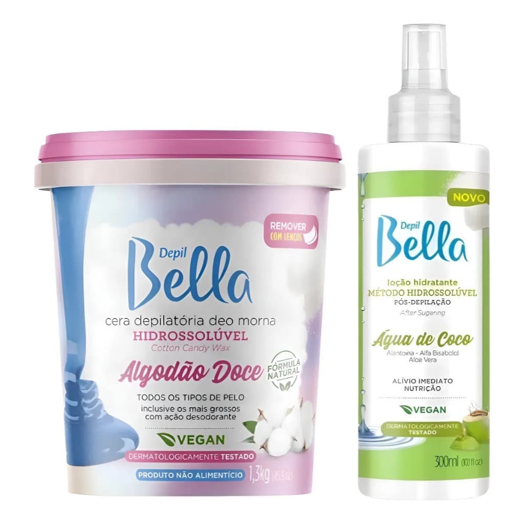 Kit Cera Algodão Doce E Loção Água De Coco Depil Bella
