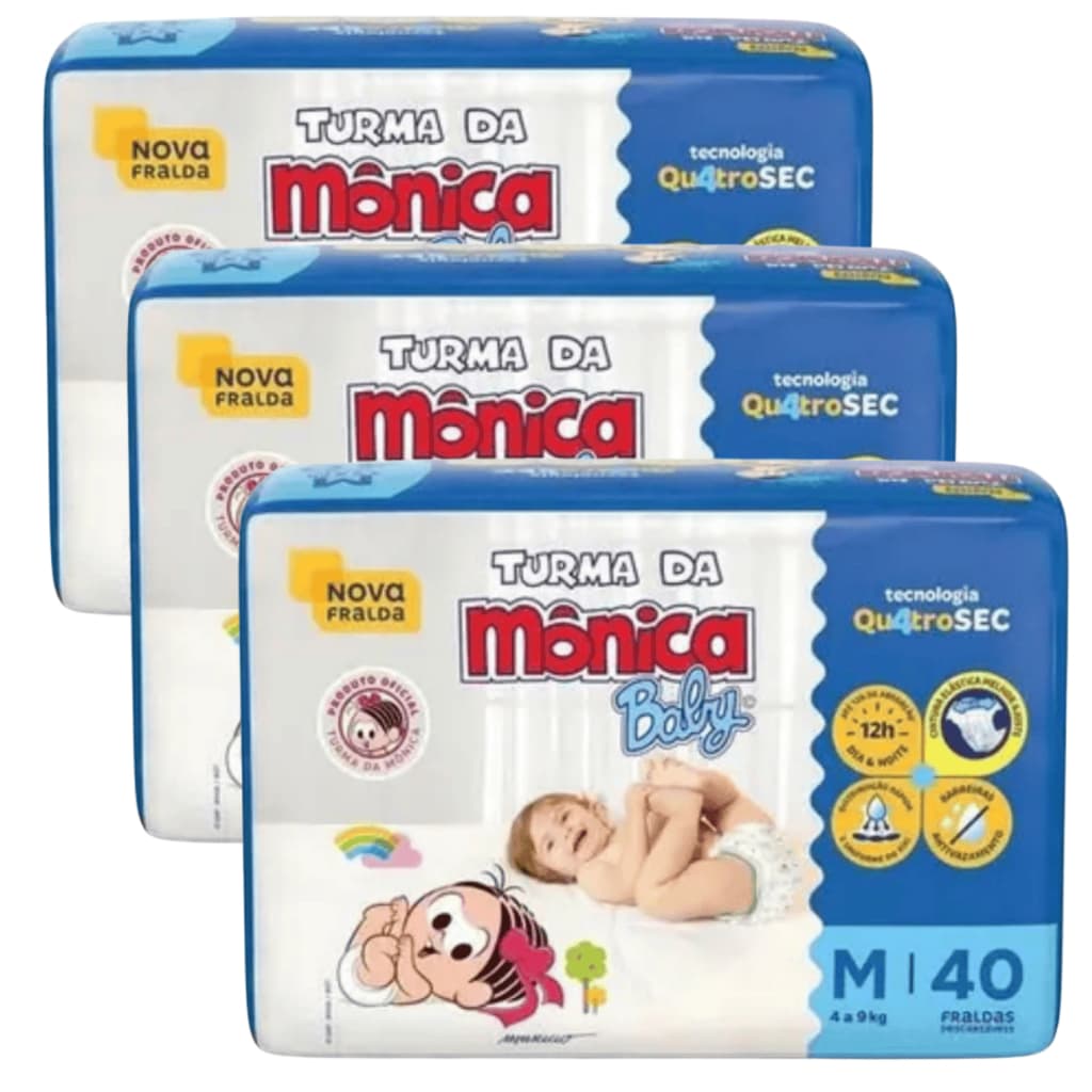 Fraldas DescartaveisTurma da Mônica Baby Kit 3 pacotes  M (4 a 9 kg) 40 Fraldas cada