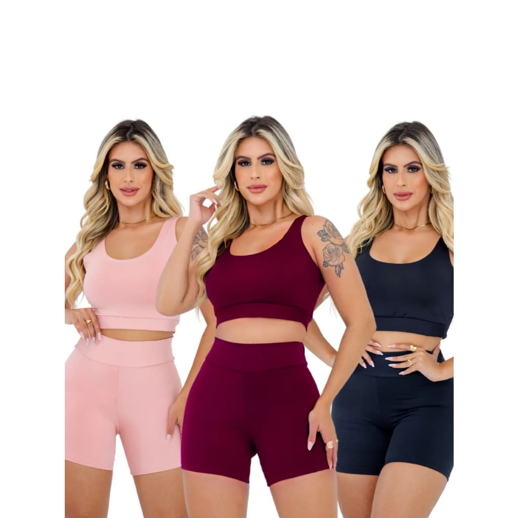 Kit 3 Conjuntos De Academia Feminino Short Curto e Top Roupa Fitness Suplex Confortavel