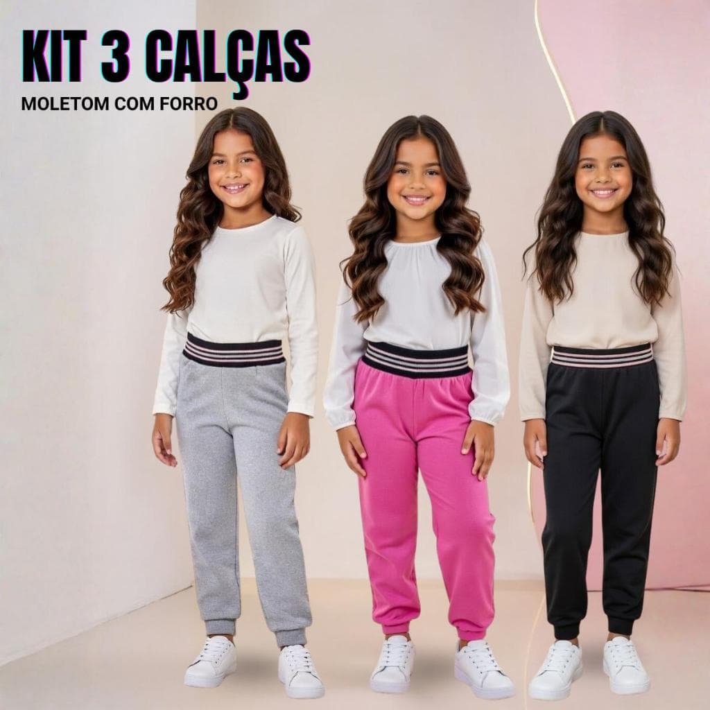 Kit 3 Calças Moletom Infantil Feminina Forrada – Inverno Quentinho com Cós Brilhante