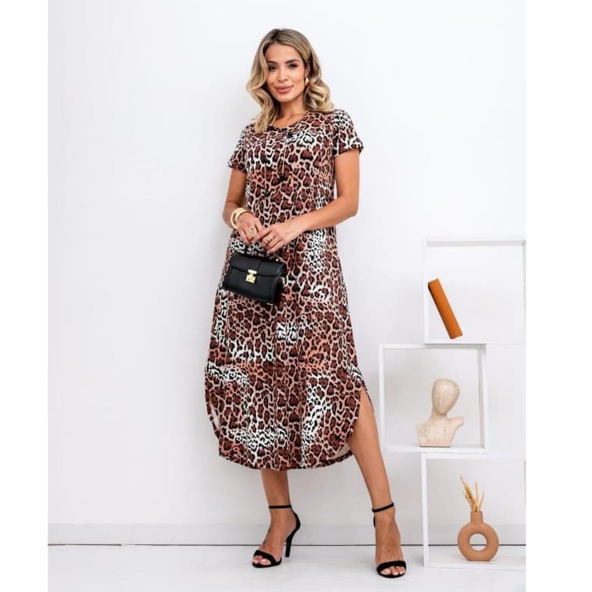 Vestido Longo Feminino midi animel print moda evangelica com manga e bolso veste 38 a 44