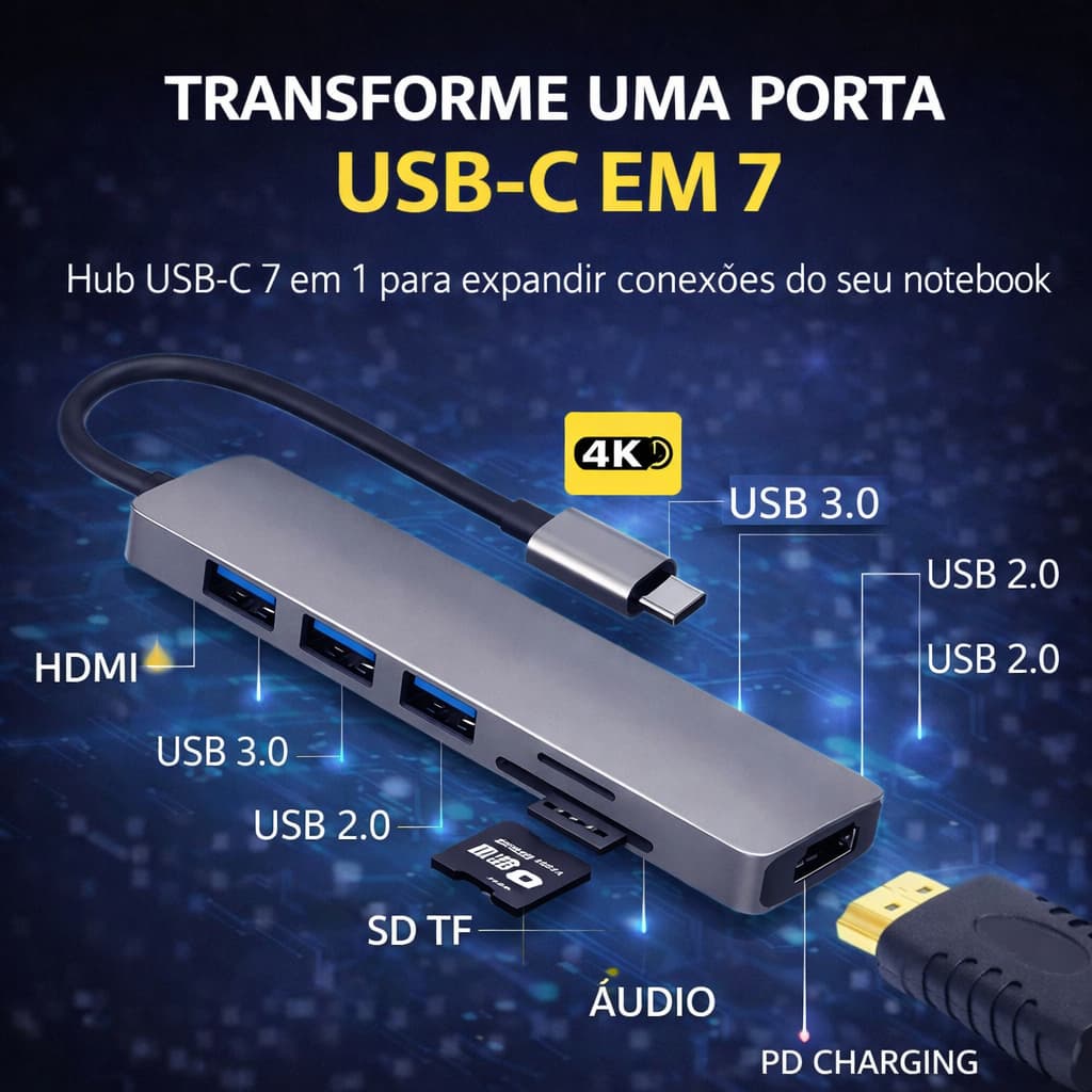 Hub USB-C 7 em 1 Adaptador HDMI 4K USB 3.0 Leitor Cartão SD TF para Notebook MacBook Premium