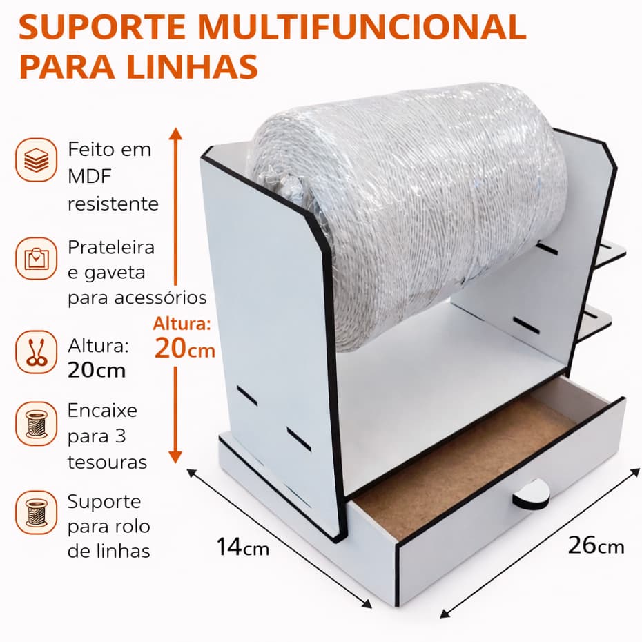 Suporte para Cone de Fio até 1kg com Gaveta Crochê Tricô Costura  MDF Cor Branco