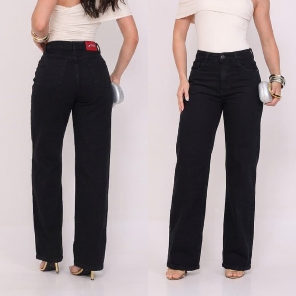 Calça Jeans Feminina Wide leg Pantalona Preta 36 Ao 44