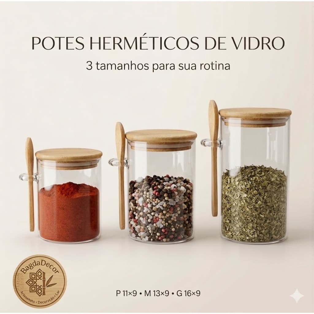 Pote Hermético de Vidro com Tampa de Bambu com Colher e sem Colher
