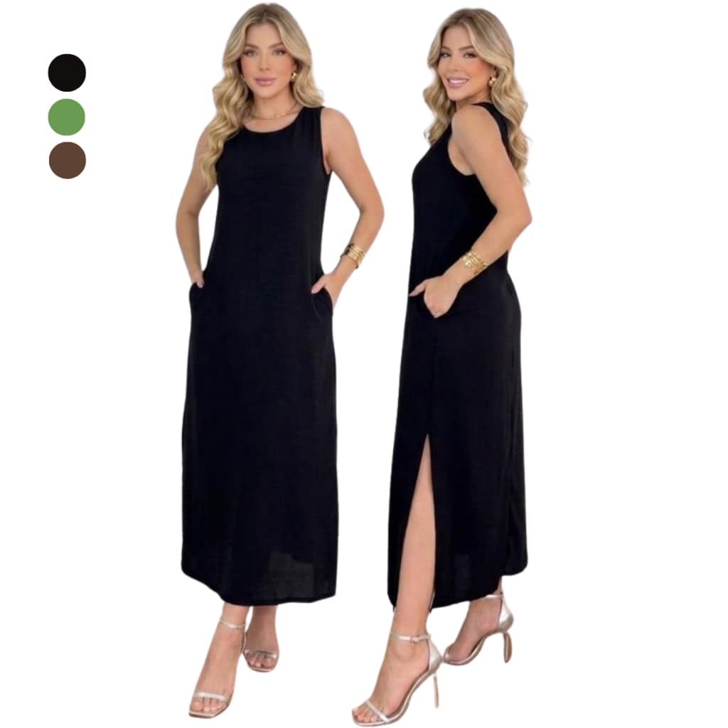 Vestido Longo Regata Elegante Feminino Casual Midi Bolso PMG 38 ao 46