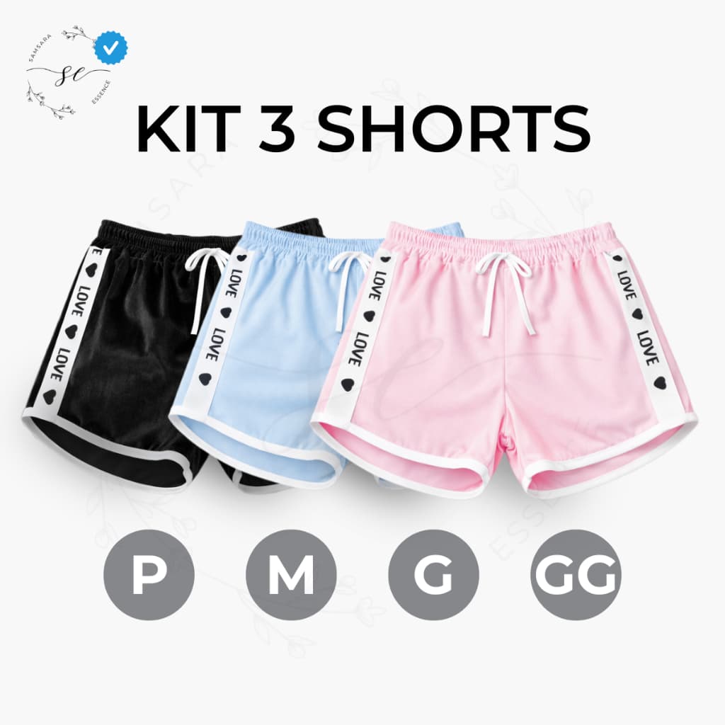 Short Feminino Love KIT COM 03 Tecido em Veludo Premium Elástico na cintura Leve e Super Confortável