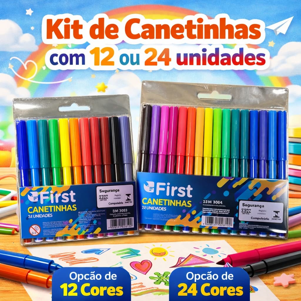 Kit Canetinhas Coloridas com 12 / 24 Unidades Escolar Infantil Estojo Prático Cores Vibrantes Desenho Pintura