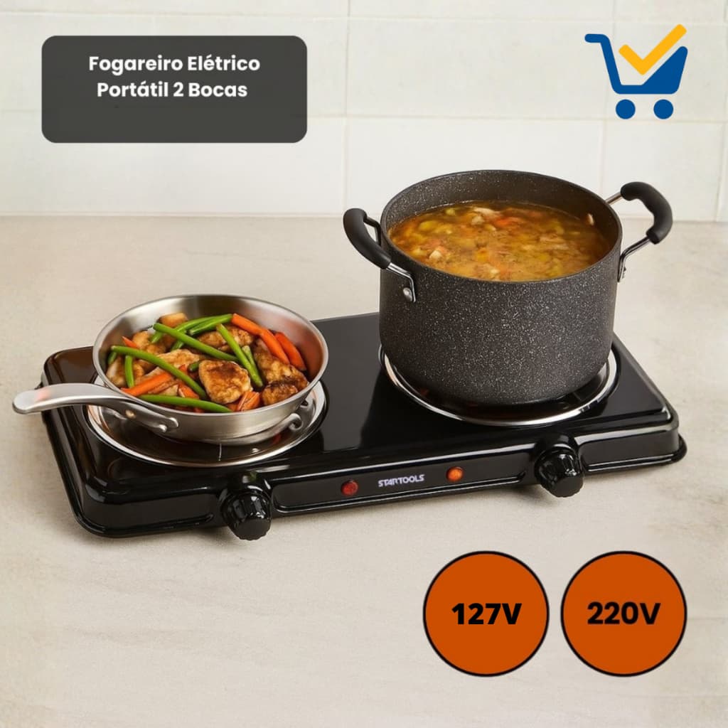 Fogareiro Eletrico Portatil Fogao 2 Bocas Compacto Alto Desempenho Cozinha Camping Churrasco Casa