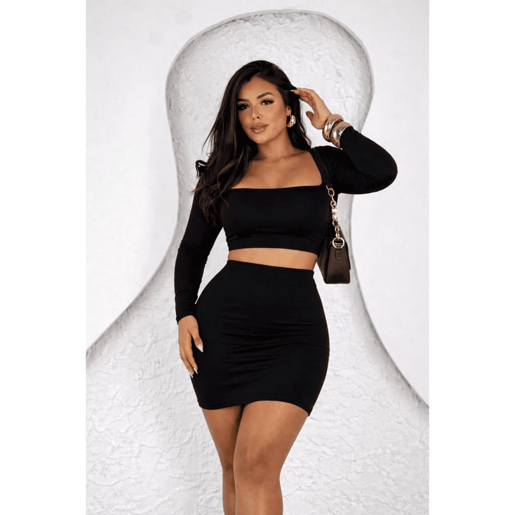 Conjunto Feminino Cropped Manga Longa e Saia Curta Suplex Moda Blogueira Elegante