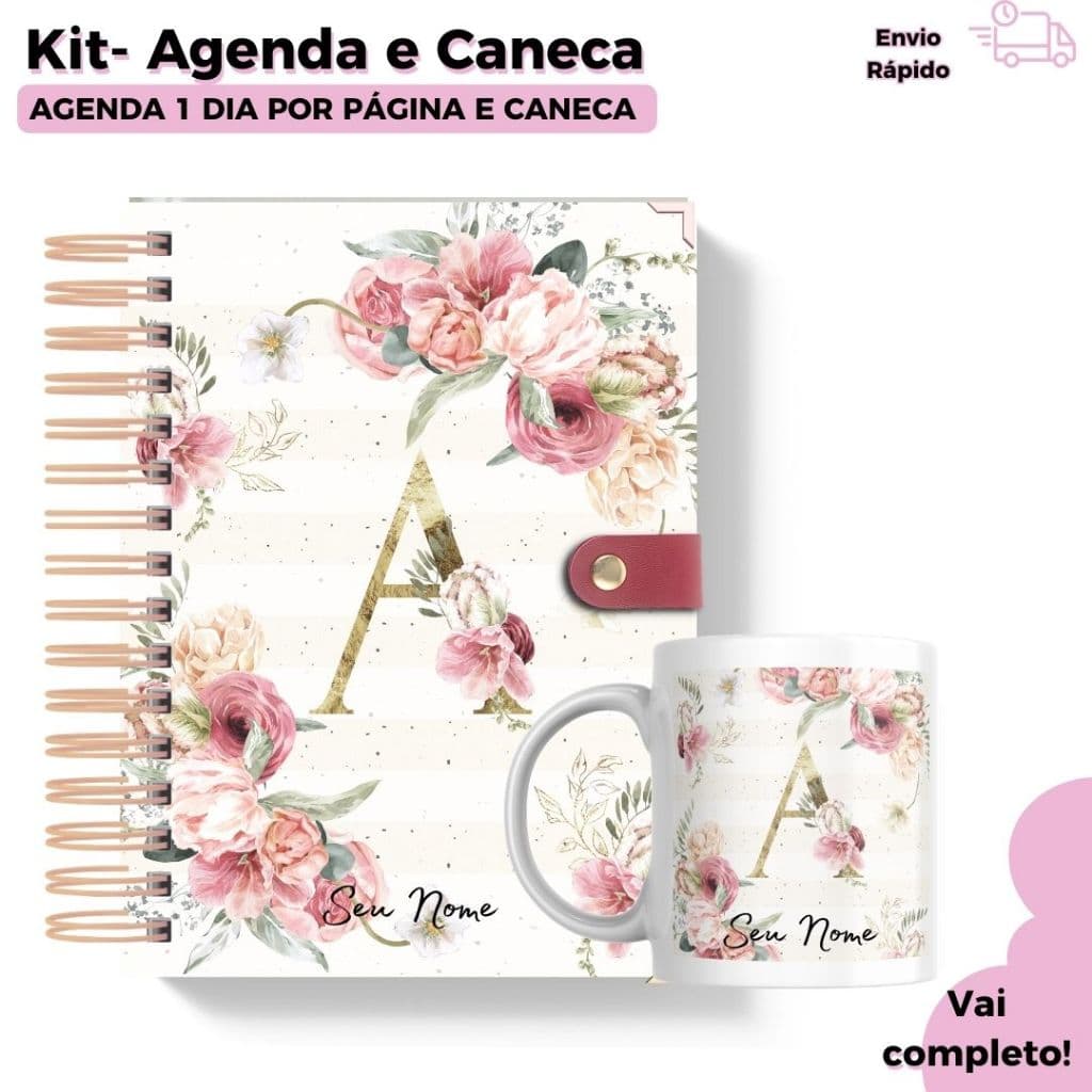 Kit Agenda Personalizada 1 Dia por Página com Caneca 325ml |Agenda Floral com Nome Presente Feminino