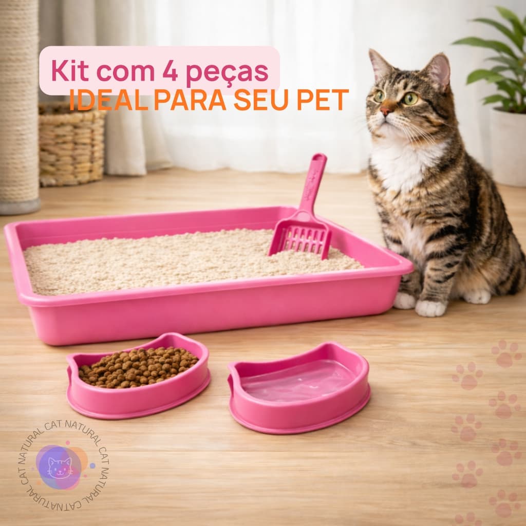 Kit para Gato Caixa de Areia Bandeja Higiênica C/ Pá + Comedouro + Bebedouro de Gato