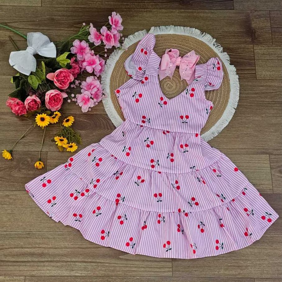 Vestido Longo Estampado Cerejas – Moda Feminina - Moda Infantil