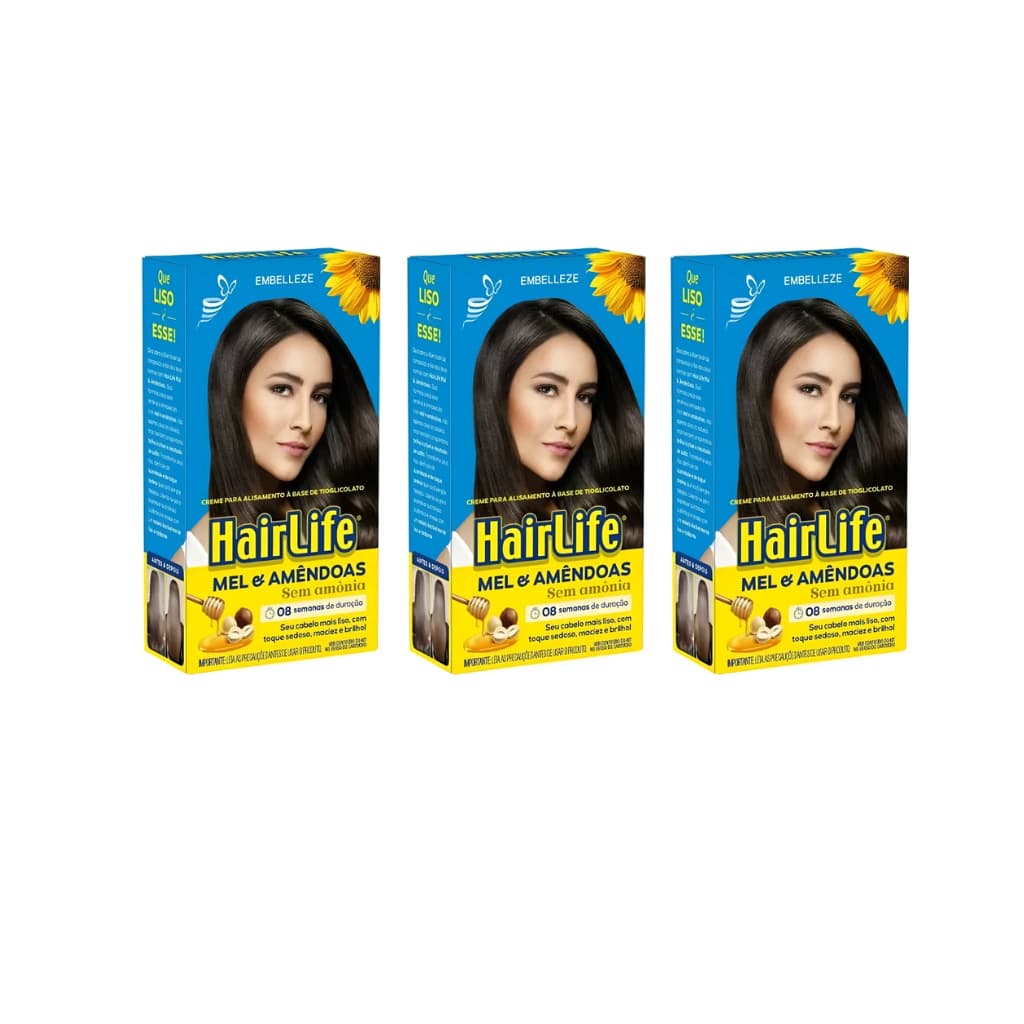 Hairlife Mel e Amendoas Creme Para Alisamento Sem Amônia Kit com 3 unidades