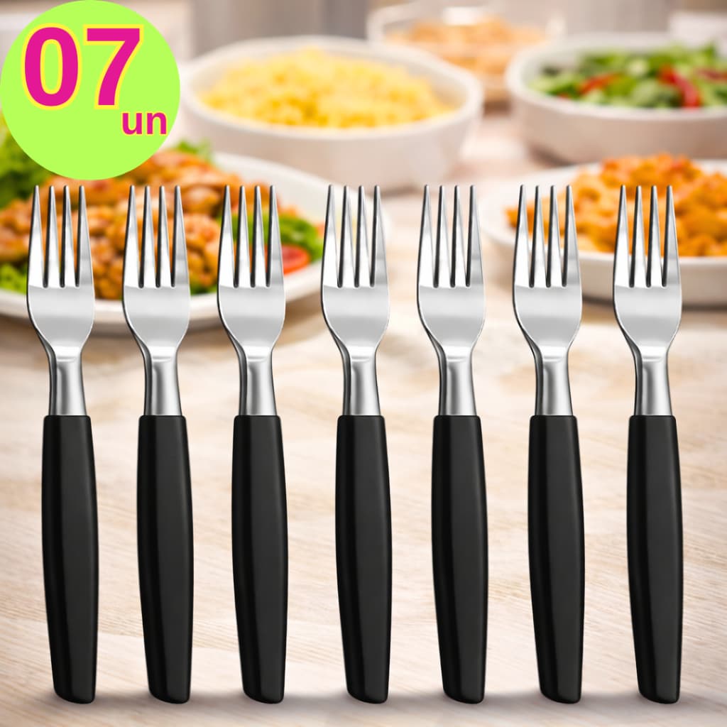 Kit 7 Peças Garfo Inox de Mesa 19cm com Cabo Preto para Cozinha de Casas Restaurantes Buffet