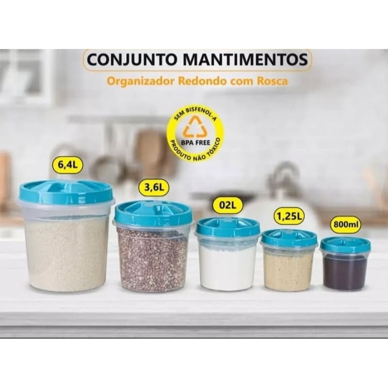 Kit 5 Potes Retondo Tampa rosca Organizador Cozinha Transparente Material Premium!
