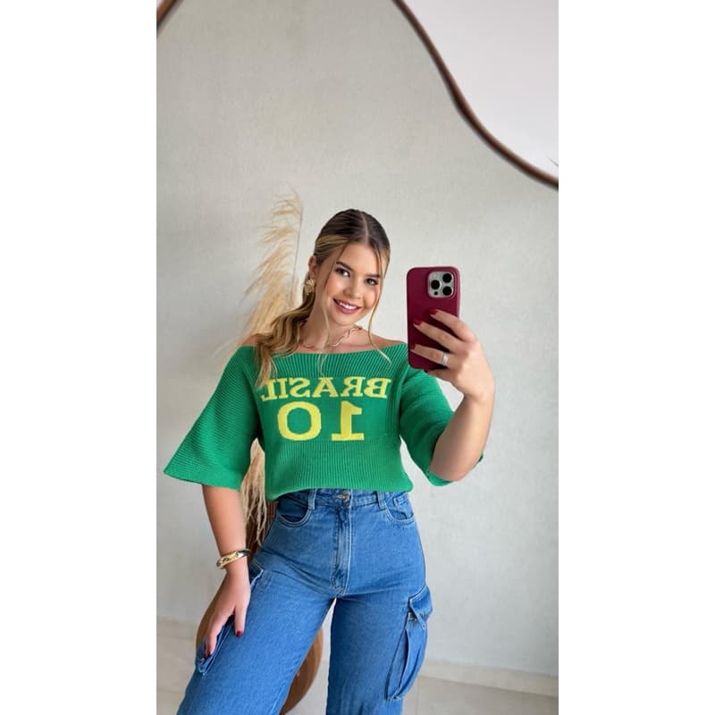 Blusa do Brasil Feminina Copa Tricot Ombro a Ombro Modal Copa do Mundo Inverno Verão Moda Seleção Look Copa